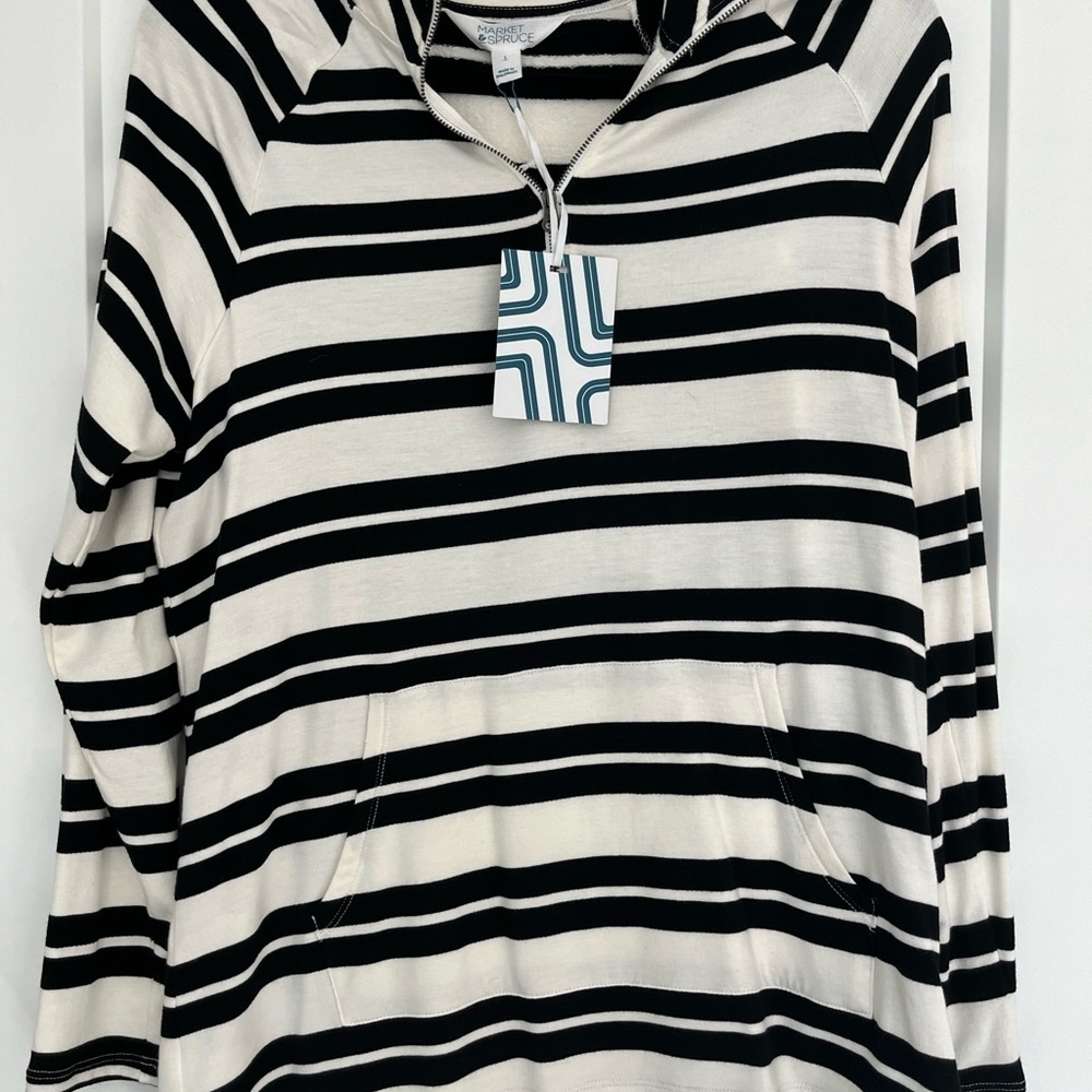 NWT Marketā & Spruce Striped Black & Cream Comfortable Zip-Up Pullover, Large - Picture 7 of 11
